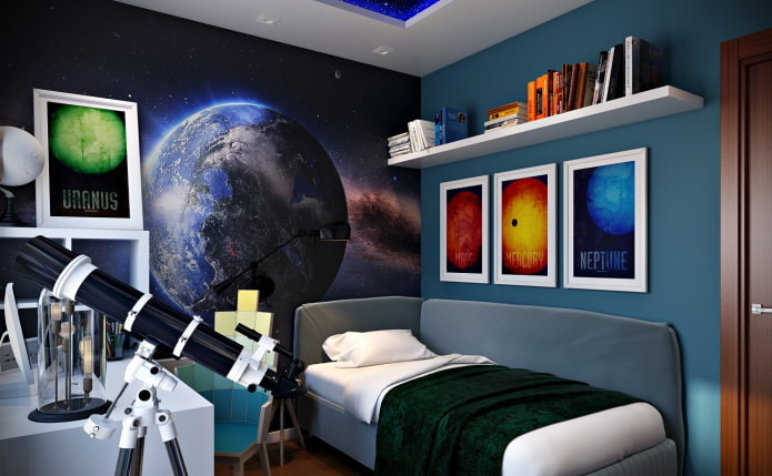3d wallpaper with the image of space in a teenager's room