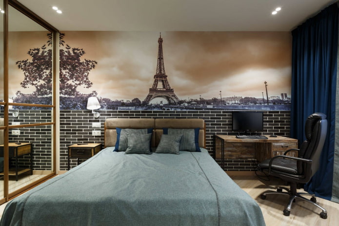 wallpaper with the image of the city in the bedroom interior