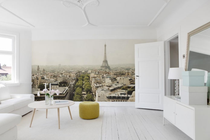 Mural con la imagen de París en el interior de la sala de estar