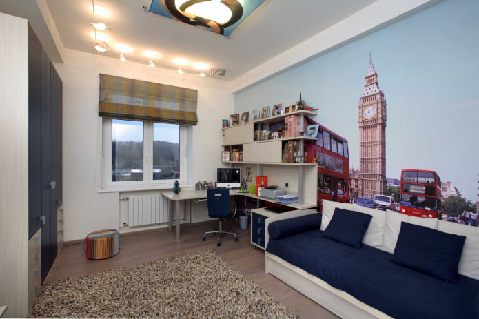 Wall mural with the image of London in the room of a teenager