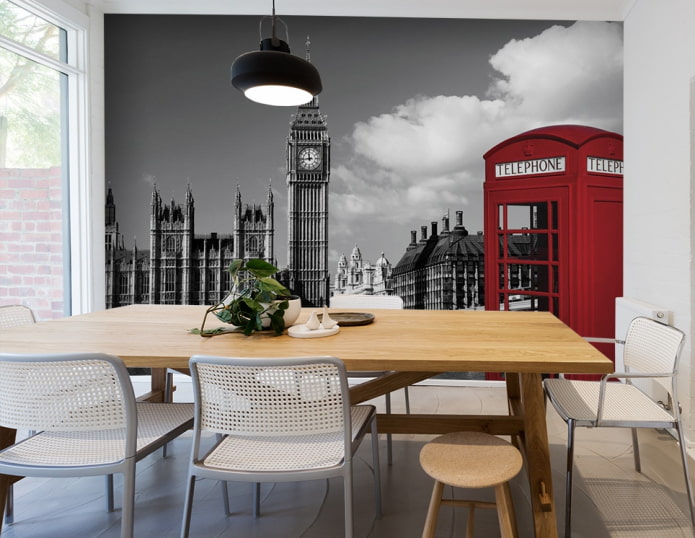 Wall mural with the image of London in the interior of the dining room