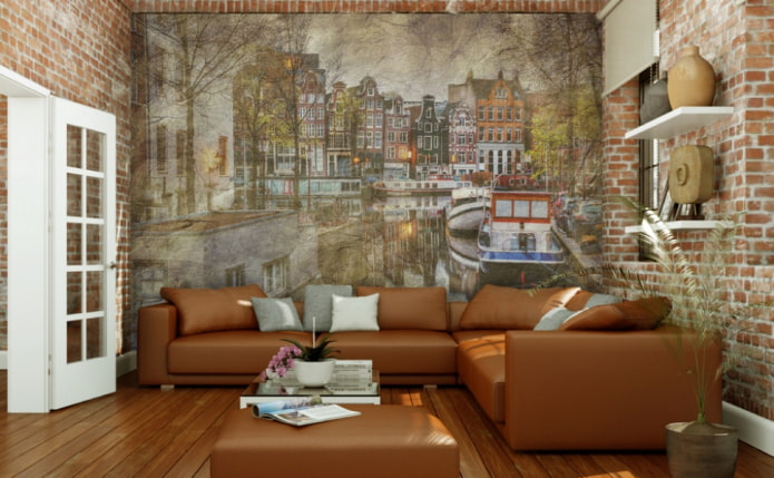 Mural con la imagen de Amsterdam en la sala de estar