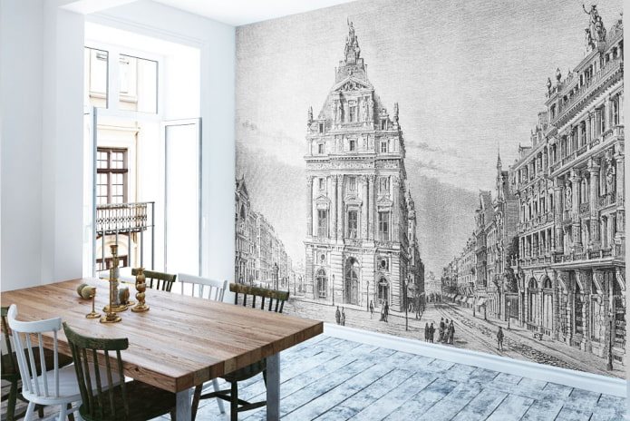 wallpaper with the image of the old city in the interior of the kitchen