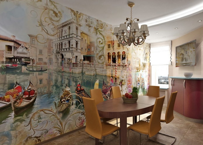 Bức tranh tường trên tường với hình ảnh của Venice trong nội thất nhà bếp
