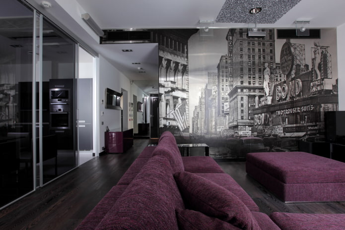 Mural con la imagen de Nueva York en el interior de la sala de estar