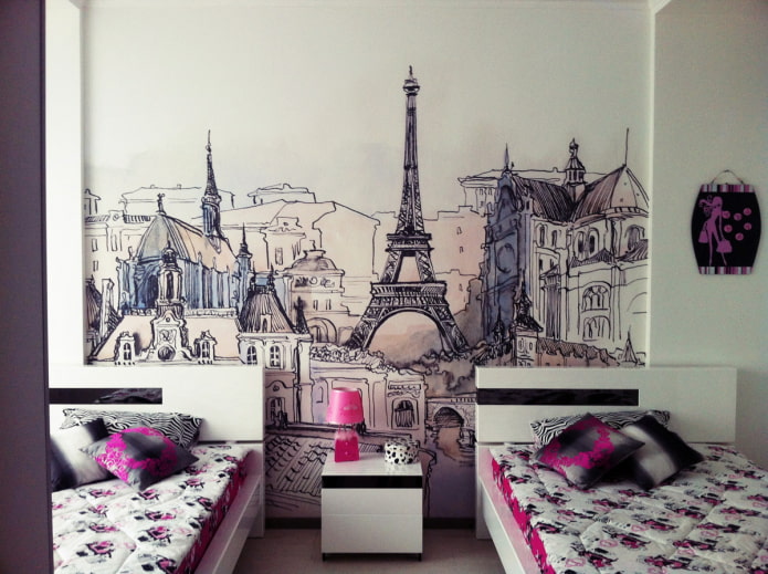 wallpaper with the image of Paris in the interior of the living room