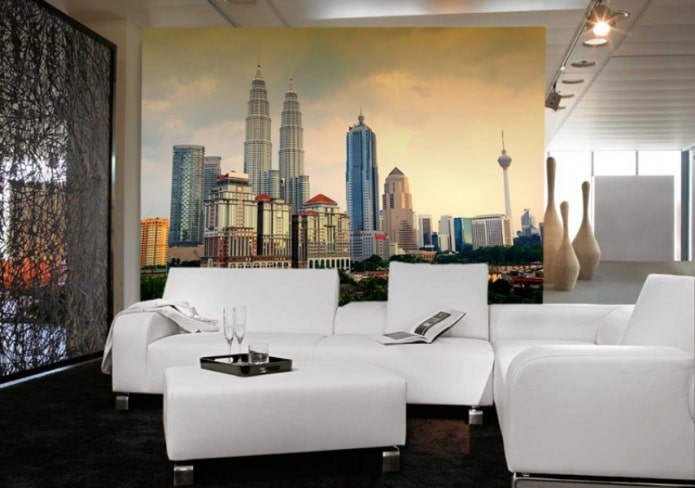 Wall mural with the image of the city in the living room