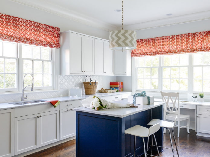orange roman curtains in a kitchen interior