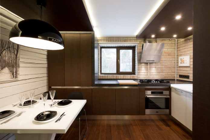 дизайн на две нива с подсветка в кухнята