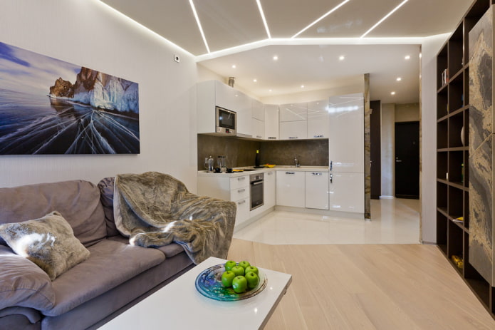 diseño de dos niveles en el interior de la cocina-sala de estar