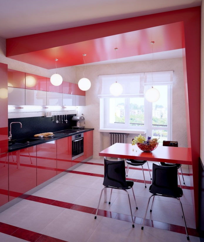 sarkans divu līmeņu dizains virtuvē