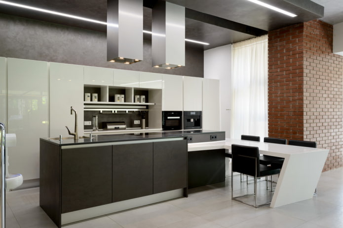 черен дизайн на две нива в кухнята