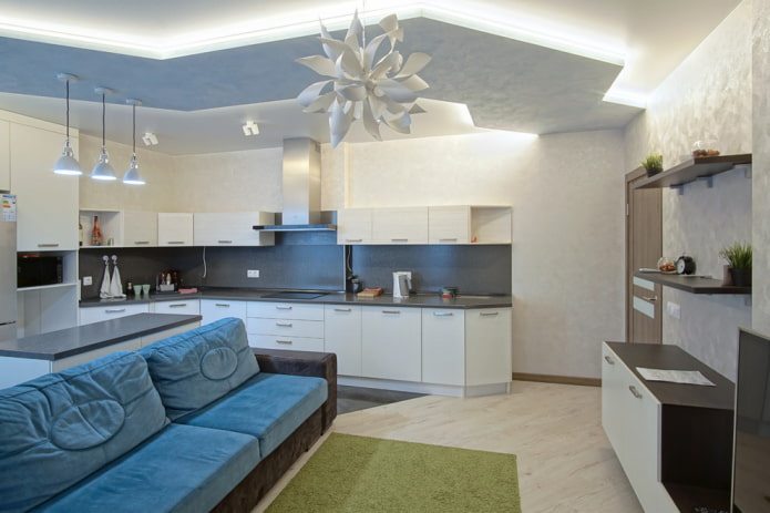 mutfak-oturma odasının iç kısmında iki seviyeli tasarım