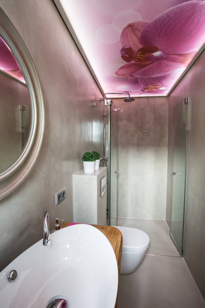 plafond rose dans la salle de bain