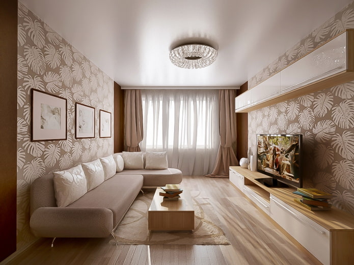 bílý saténový strop v obývacím pokoji