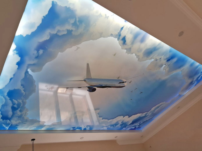 trần nhà với hình ảnh của bầu trời và máy bay