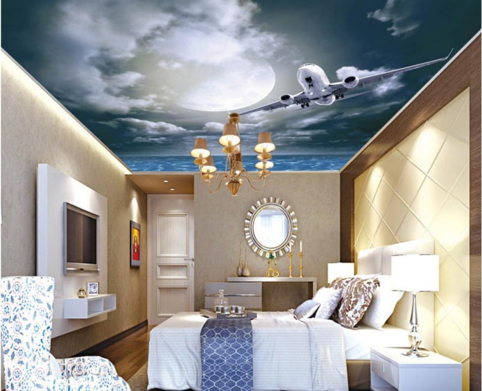 trần nhà với hình ảnh của bầu trời và máy bay trong phòng ngủ