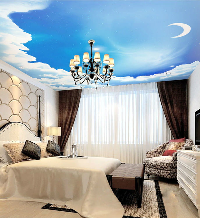 soffitto con l'immagine del cielo nella camera da letto