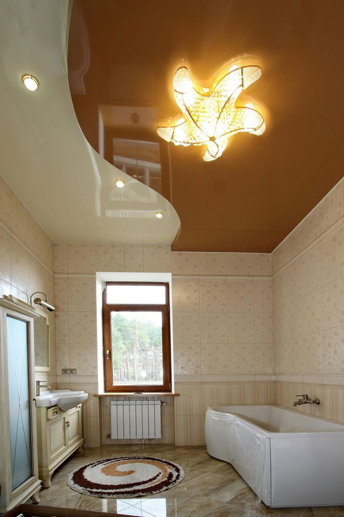 two-tone ceiling in the interior of the bathroom
