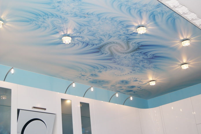 blue and white ceiling design with spotlights