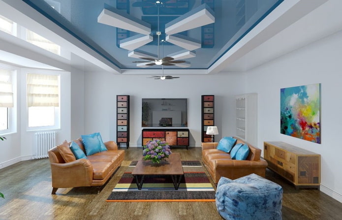 design de plafond bleu combiné avec un sol marron