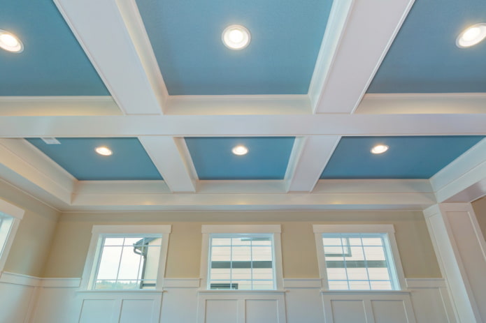 blue ceiling with beams