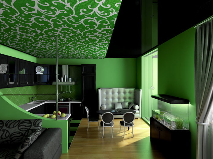 žalių lubų dizainas su raštais