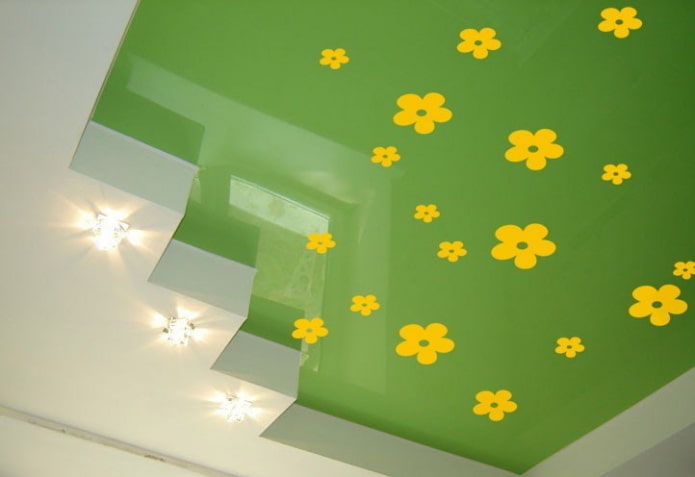 geltonai žalių lubų dizainas
