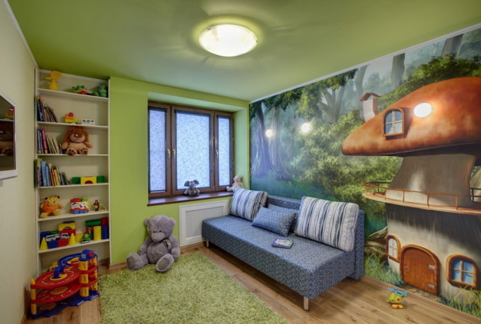grüne Deckenverkleidung im Kinderzimmer