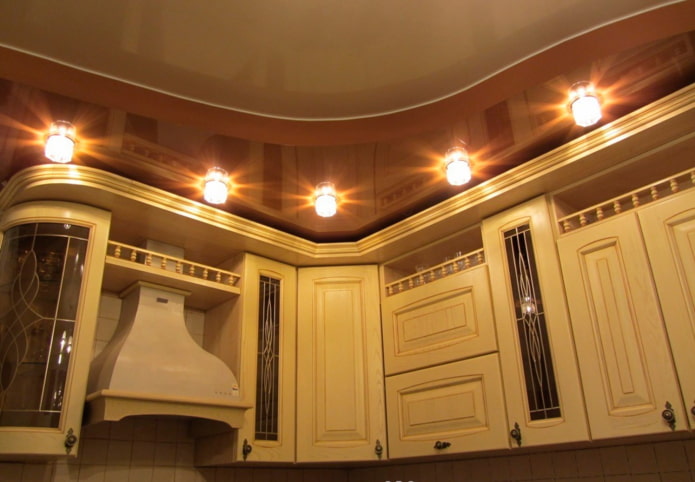 brown ceiling design with lights