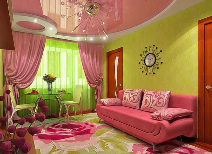papel tapiz verde y techo rosa