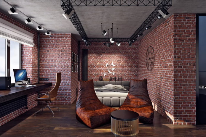 gray ceiling with brick walls