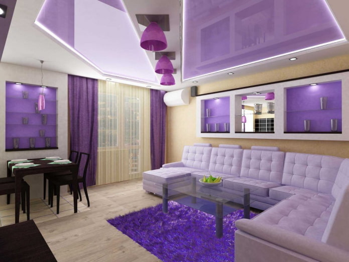plafond violet et blanc dans le salon