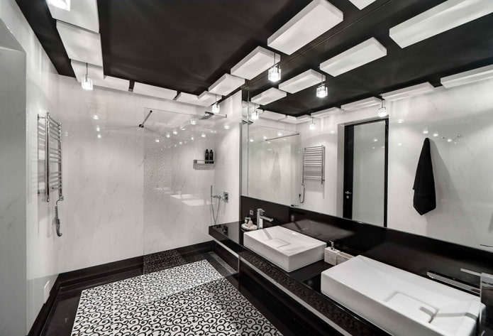 trần nhà màu đen trong nội thất phòng tắm