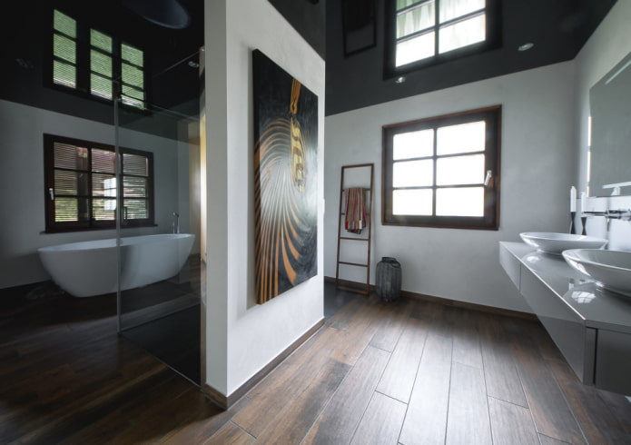 black ceiling in the interior of the bathroom
