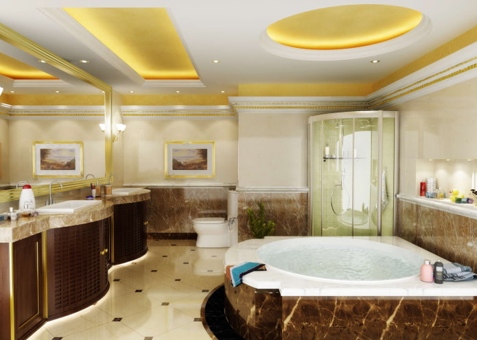 zeltaini griesti vannas istabas interjerā