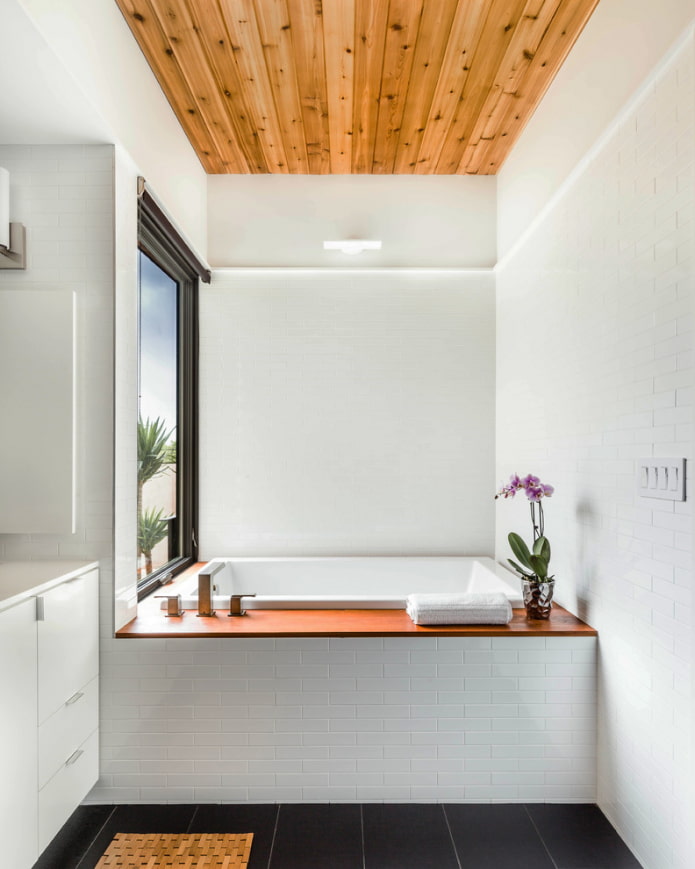 wooden ceiling in the bathroom interior
