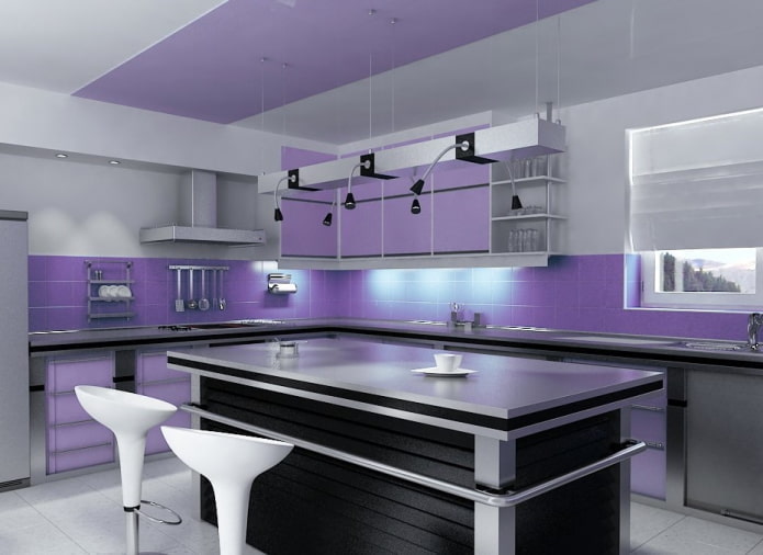 lilac ceiling in the interior of the kitchen