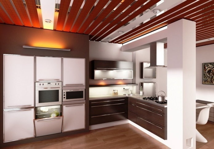 kovové stropní panely v kuchyni