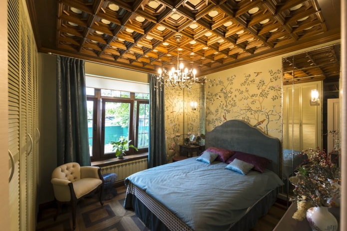 coffered ceiling in bedroom interior