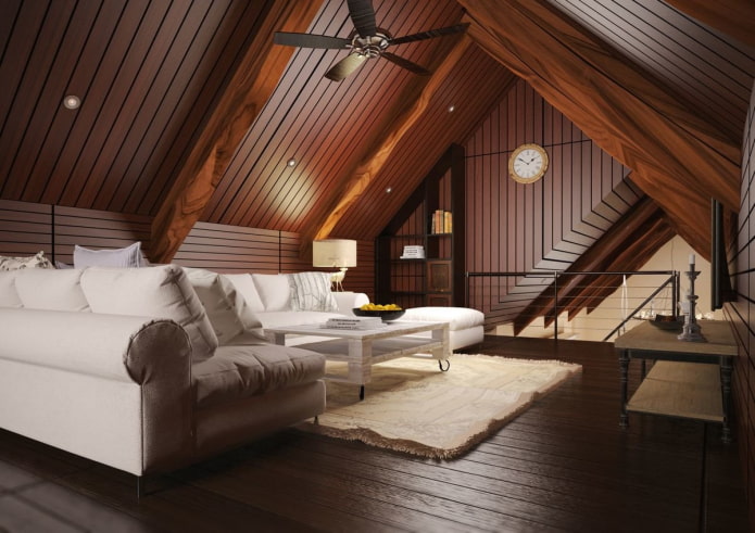 estructura de techo de madera en la sala de estar del ático