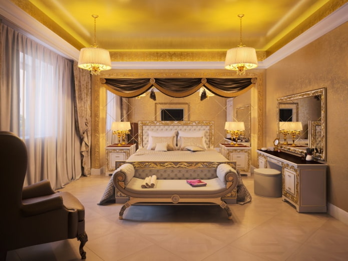 เพดานสีทองในการตกแต่งภายในห้องนอน