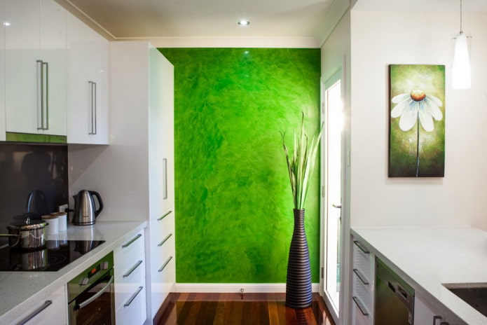 zaļš apmetums virtuves interjerā