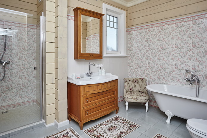 disseny de parets en un bany interior amb estil de provença