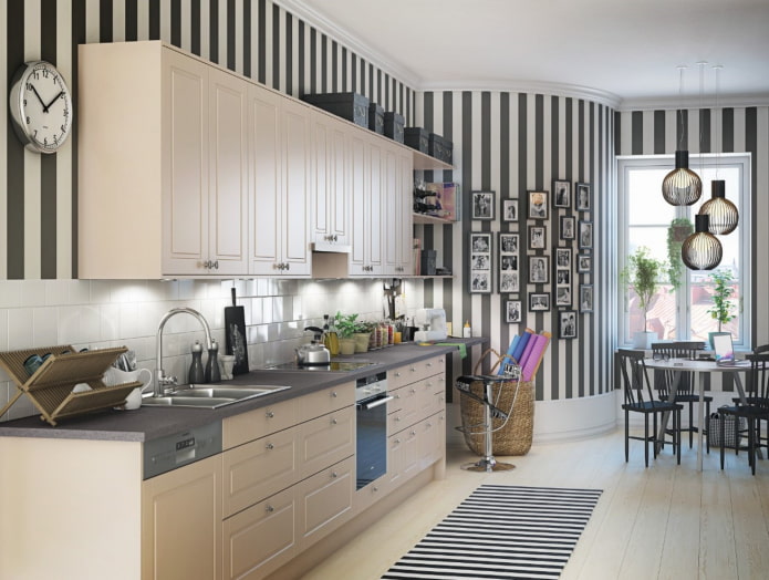 black and white walls in the interior of the kitchen