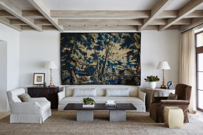 tapestry on the wall in the living room interior
