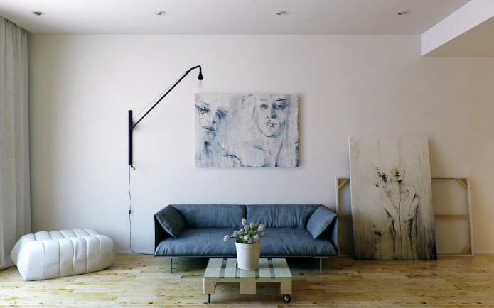 minimalizmo paveikslai gyvenamajame kambaryje