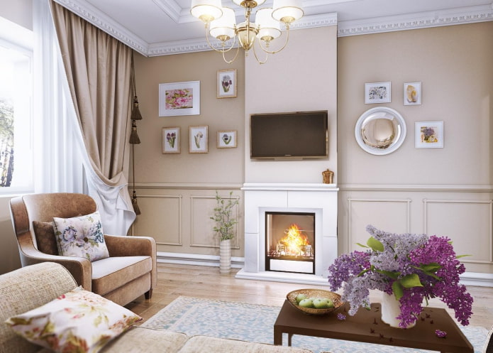 krb a tv v interiéru obývacího pokoje v provence stylu