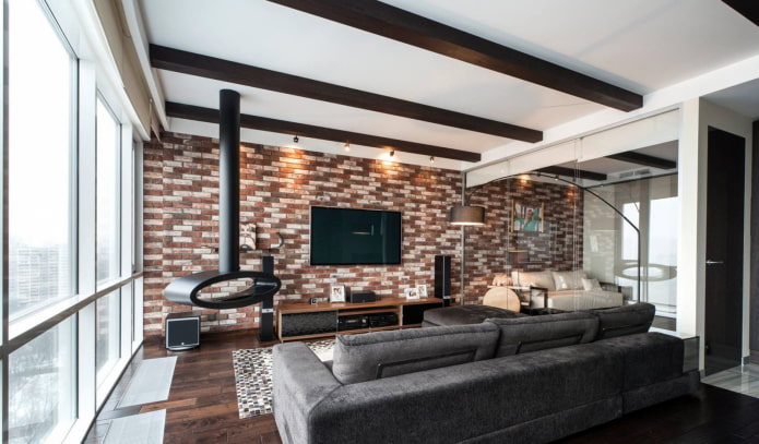камина и телевизор в интериора на хола в модерен стил