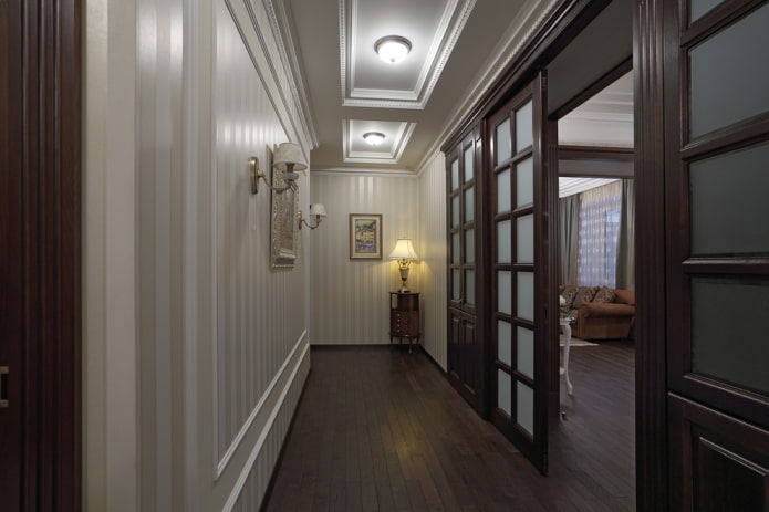 Wenge color doors combined with wallpaper in the interior
